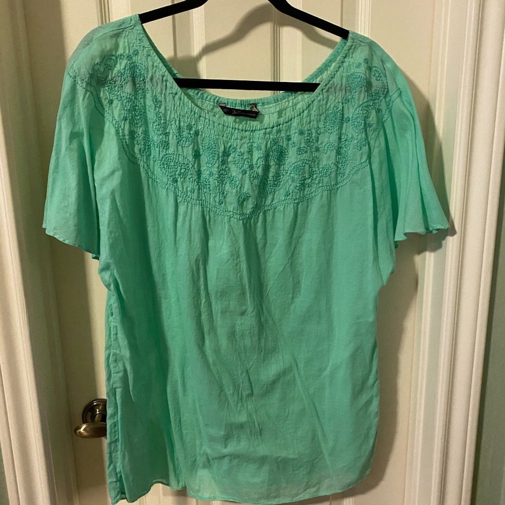 ZARA Turquoise Off-the-shoulder linen top